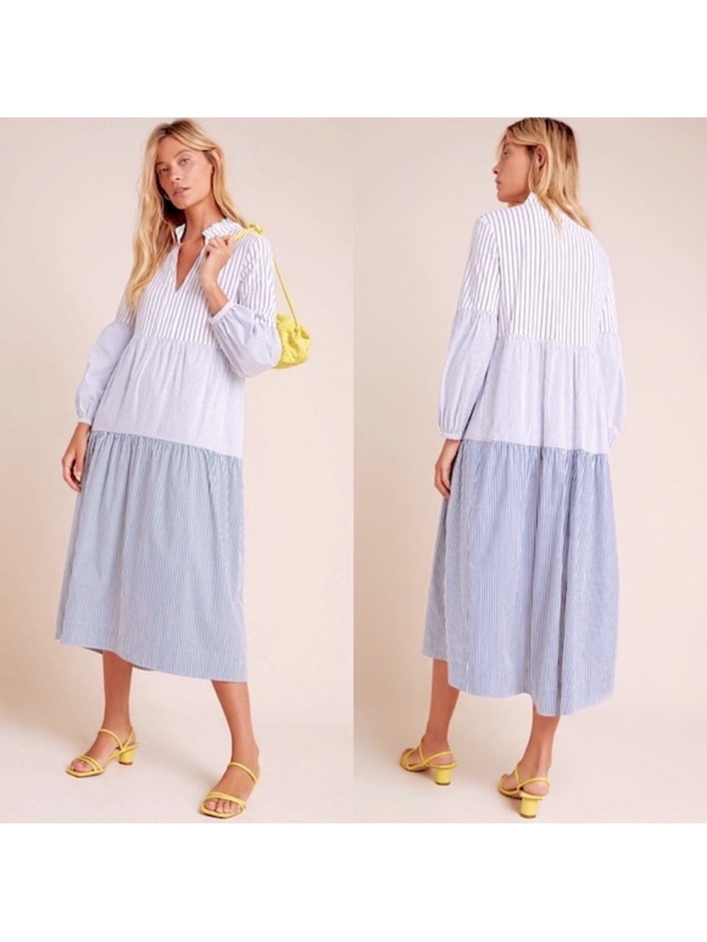 Anthropologie Maeve Bonnie Blue and White Striped Tiered Maxi Dress S